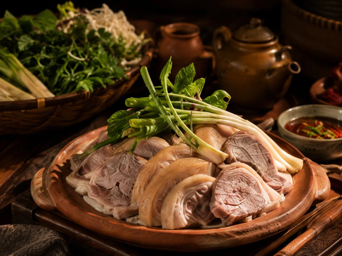 Mâm bò tơ tươi thái lát cùng rau thơm