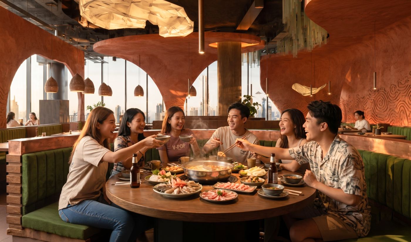 Nhóm bạn quây quần bên bàn lẩu bò tơ